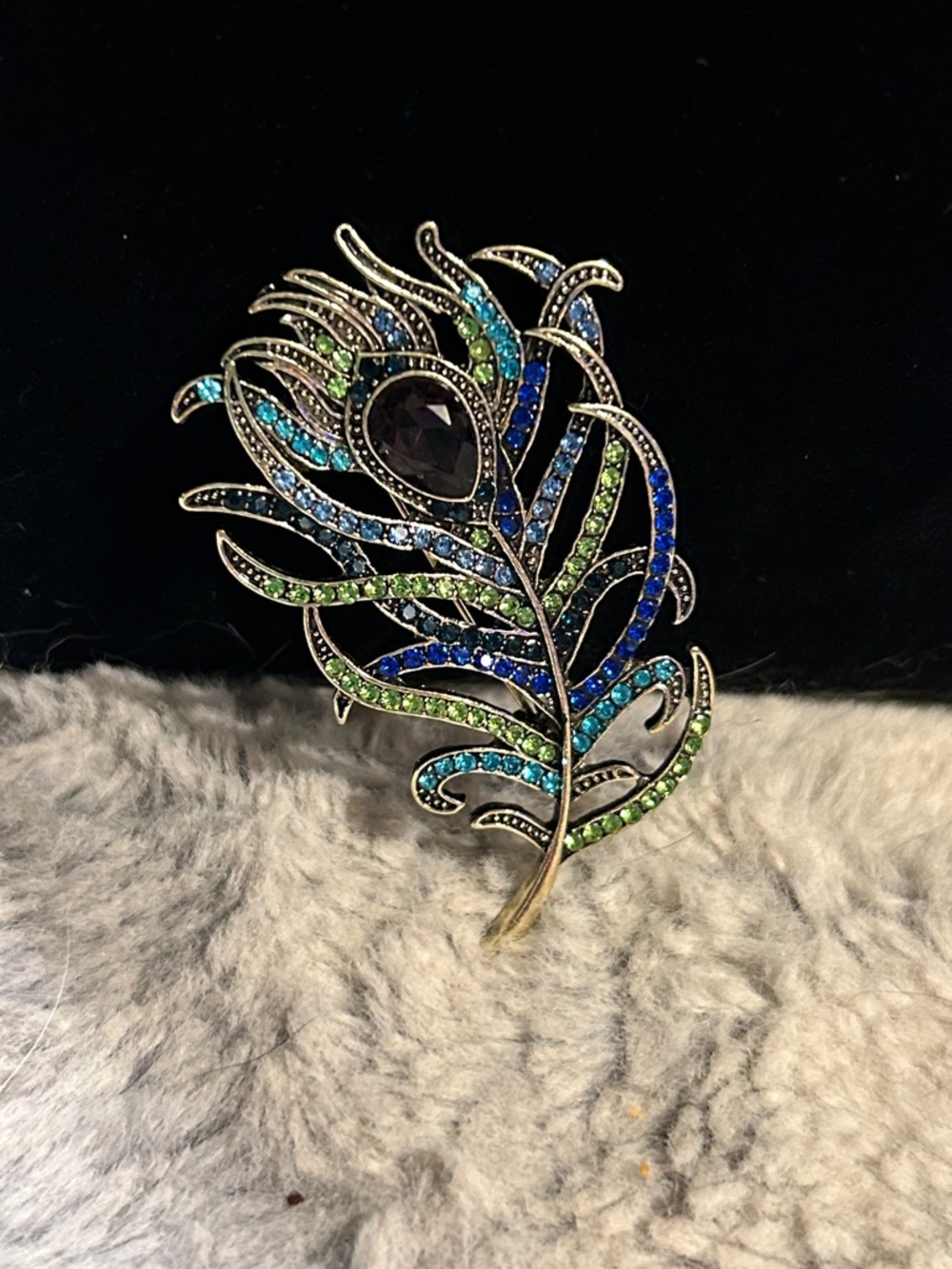 Peacock Feather Crystal Brooch - Blue & Green